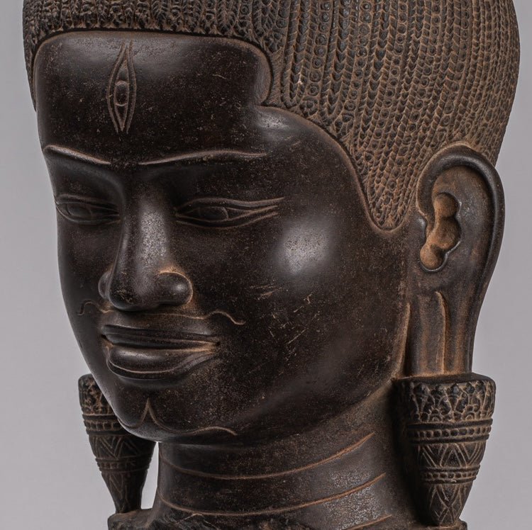 Shiva Statue - Antique Baphuon Style Khmer Stone Shiva Head Statue - The Destroyer - 58cm/23"