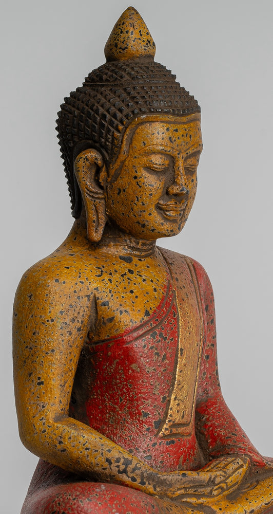 Sculpture de Bouddha – Statue de Bouddha assis en bois de style khmer antique Dhyana Méditation Mudra – 27 cm