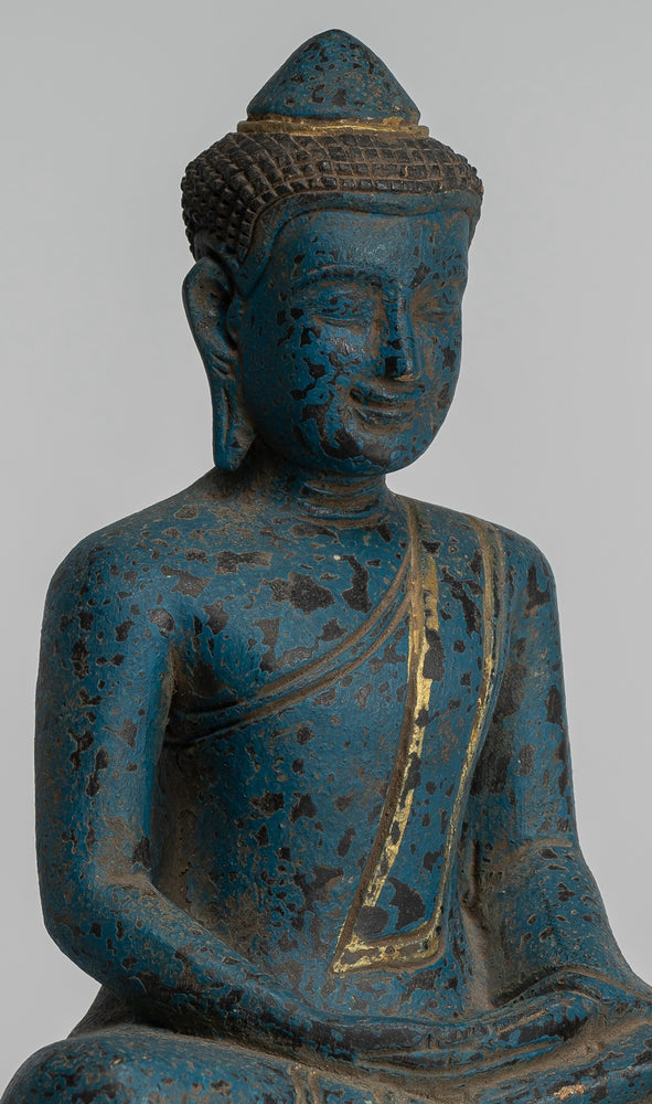 Sculpture de Bouddha – Statue de Bouddha assis en bois de style khmer antique Dhyana Méditation Mudra – 26 cm
