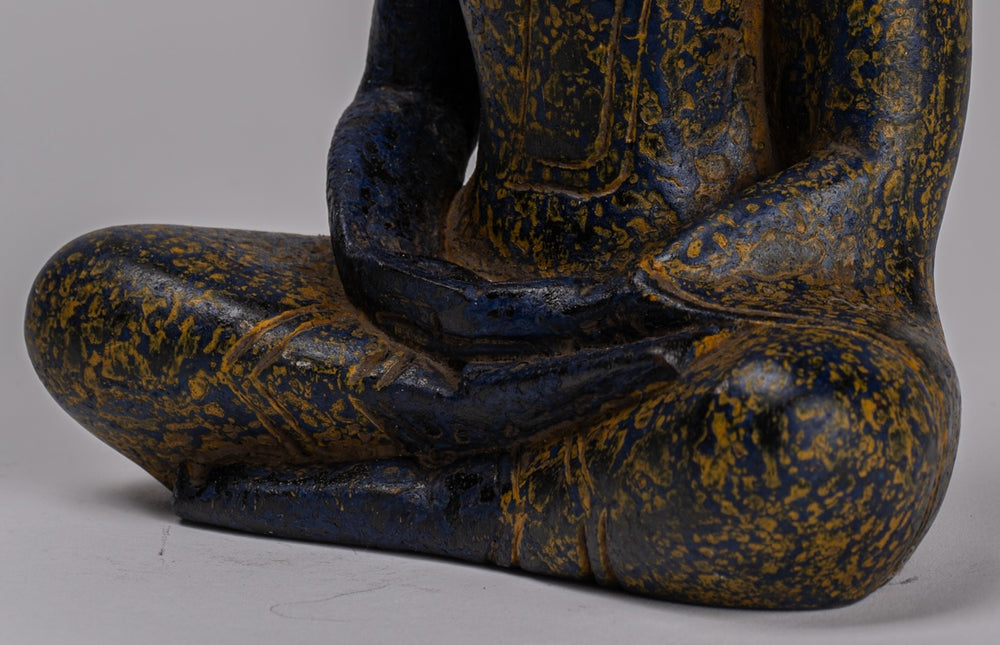 Buddha-Skulptur – sitzende Buddha-Statue aus Holz im antiken Khmer-Stil, Dhyana-Meditations-Mudra – 22 cm.