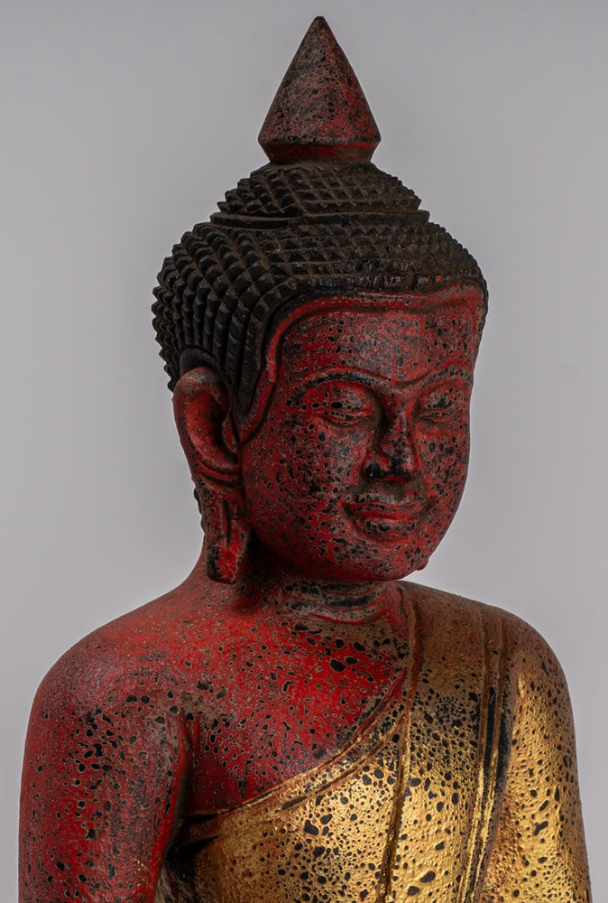 Buddha-Skulptur – sitzende Buddha-Statue aus Holz im antiken Khmer-Stil, Dhyana-Meditations-Mudra – 27 cm.