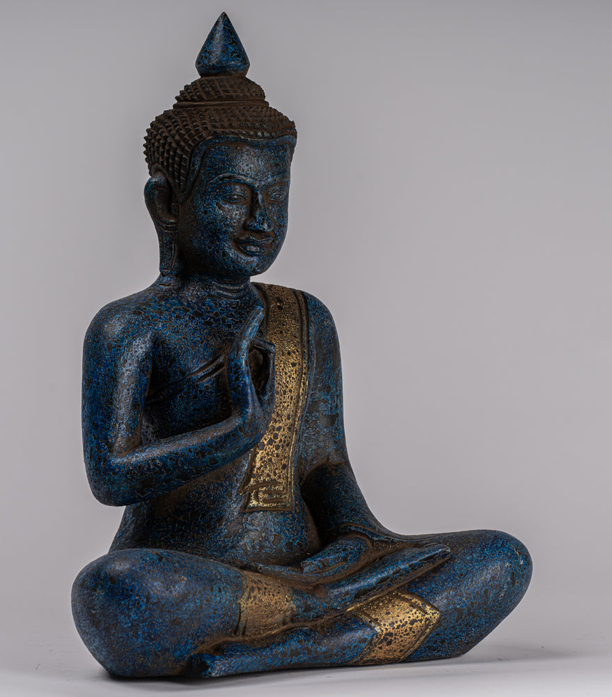 Buddha Statue - Antique Khmer Style Cambodia Seated Wood Buddha Statue Teaching Mudra - 32cm/13"