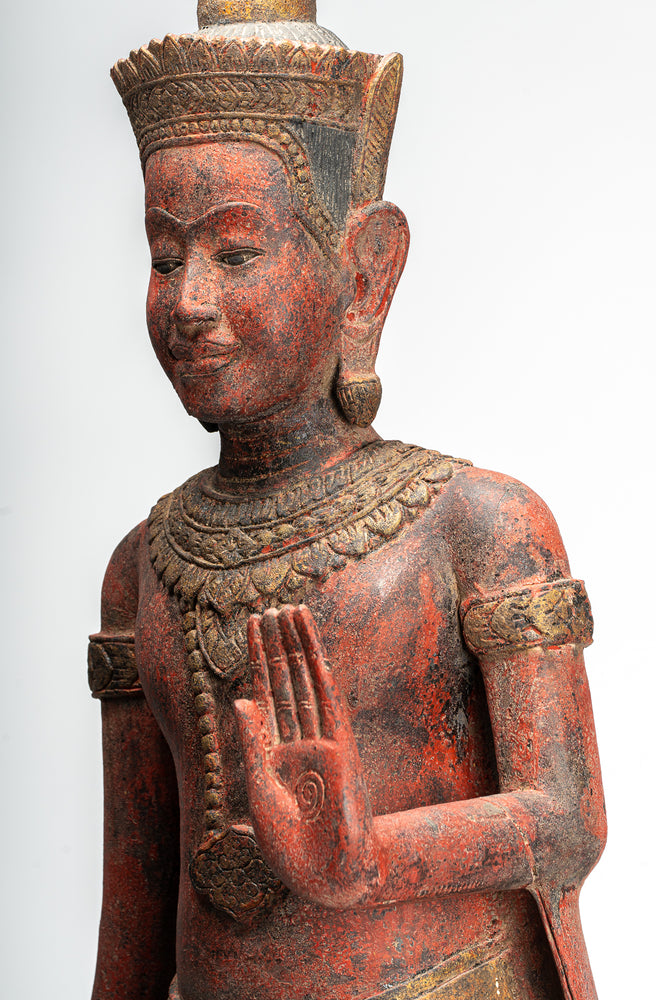 Buddha Statue - Antique Khmer Style Wood Standing Protection Monday Buddha Statue - 155cm/62"