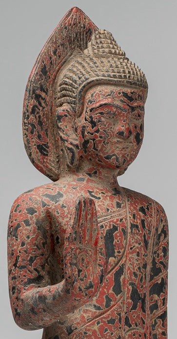 Statue de Bouddha – Protection debout en bois de style khmer antique – Statue de Bouddha du lundi – 55 cm