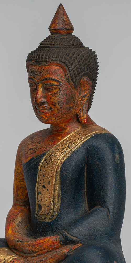 Buddha Sculpture - Antique Khmer Style Wood Seated Buddha Statue Dhyana Meditation Mudra - 27cm/11"