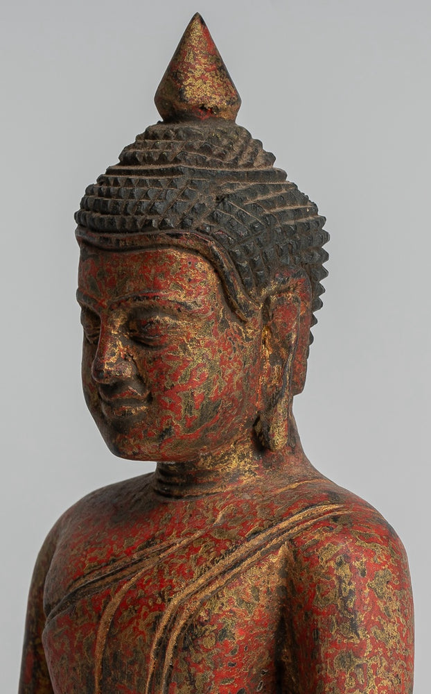 Buddha-Skulptur – sitzende Buddha-Statue aus Holz im antiken Khmer-Stil, Dhyana-Meditations-Mudra – 20 cm