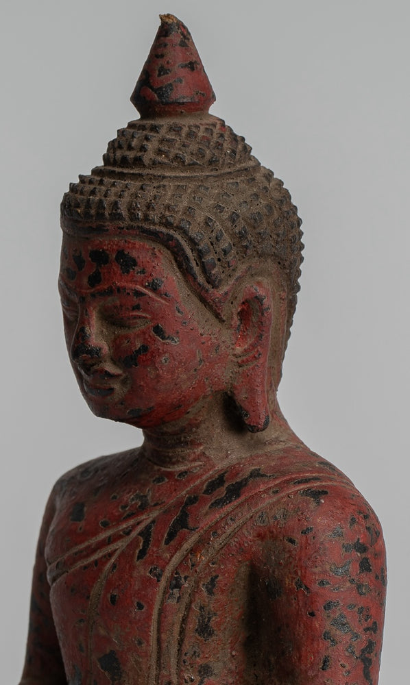 Buddha Sculpture - Antique Khmer Style Wood Seated Buddha Statue Dhyana Meditation Mudra - 17cm/7"