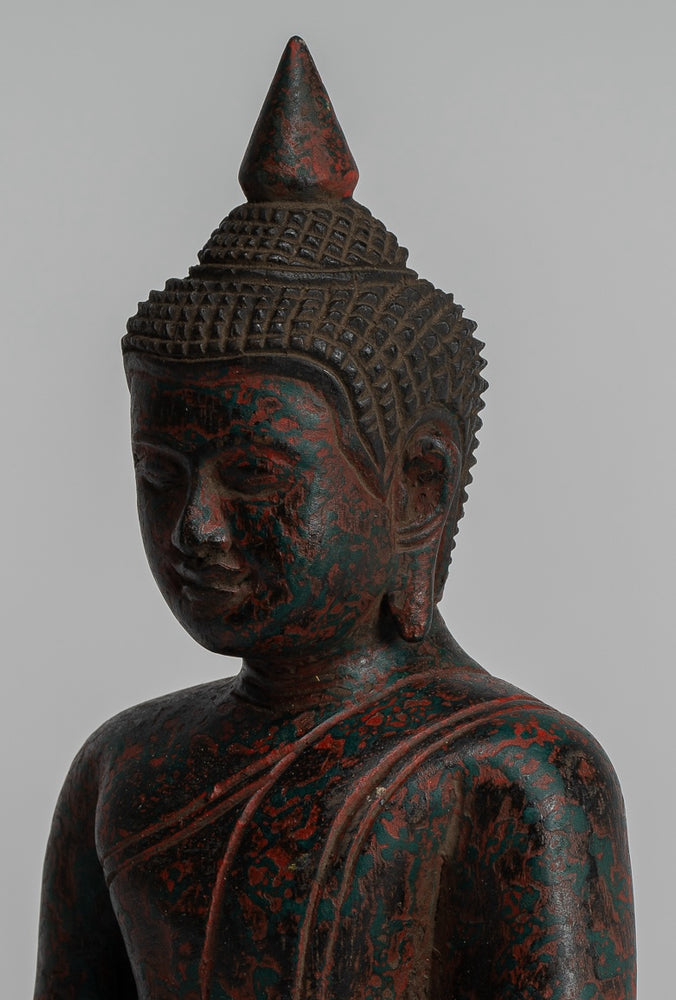 Buddha Sculpture - Antique Khmer Style Wood Seated Buddha Statue Dhyana Meditation Mudra - 22cm/9"