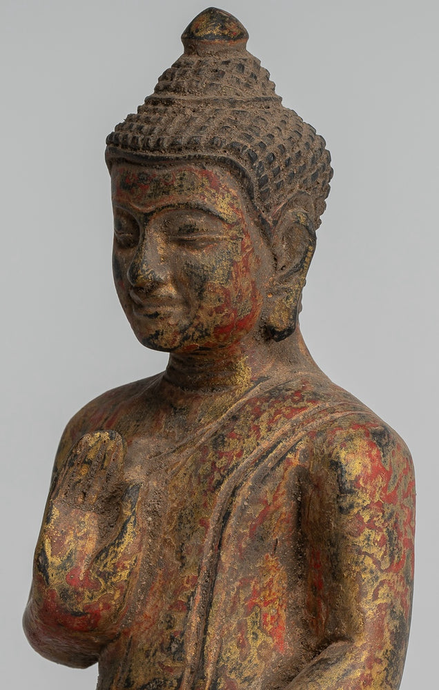 Buddha Sculpture - Buddha - Antique Khmer Style Seated Wood Buddha Statue Teaching Mudra - 20cm/8"