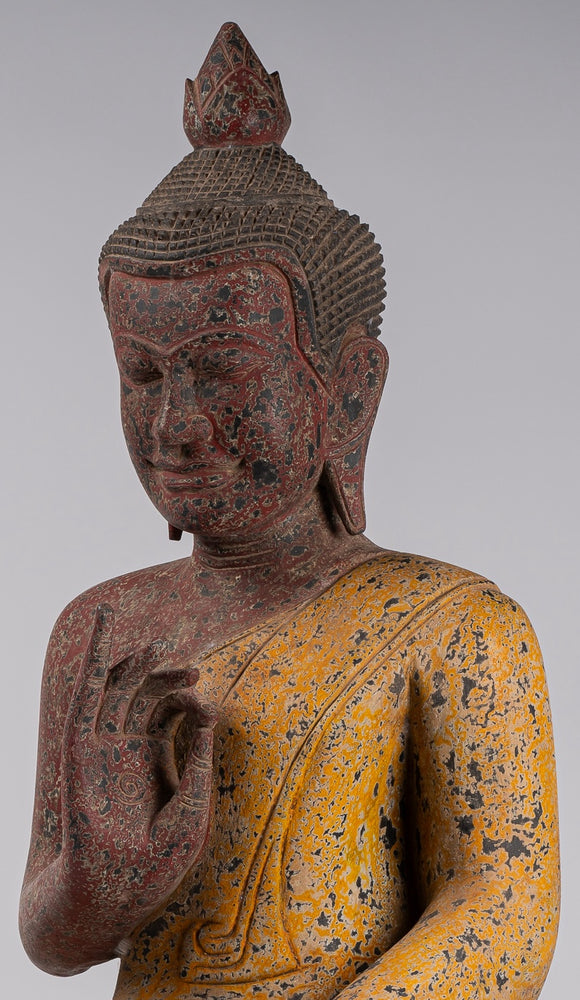 Buddha Statue - Antique Khmer Style Cambodia Seated Wood Buddha Statue Teaching Mudra - 78cm/31"