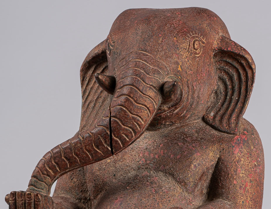 Éléphant – Statue d'éléphant en bois debout de style khmer antique – 53 cm de haut