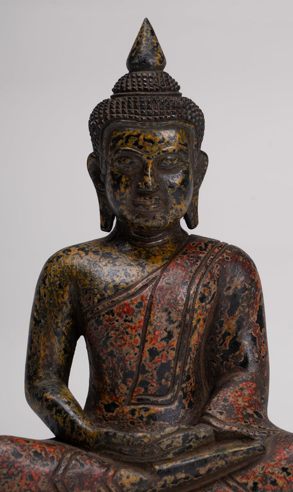 Buddha Sculpture - Antique Khmer Style Wood Seated Buddha Statue Dhyana Meditation Mudra - 26cm/10"