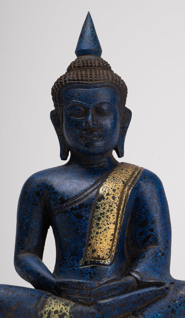 Buddha Sculpture - Antique Khmer Style Wood Seated Buddha Statue Dhyana Meditation Mudra - 28cm/11"
