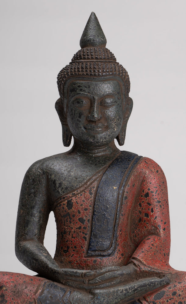 Buddha Sculpture - Antique Khmer Style Wood Seated Buddha Statue Dhyana Meditation Mudra - 27cm/11"