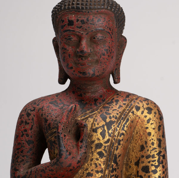 Buddha Statue - Antique Khmer Style Cambodia Seated Wood Buddha Statue Teaching Mudra - 26cm/10"