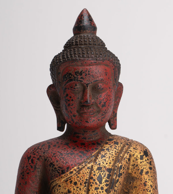 Buddha Sculpture - Antique Khmer Style Wood Seated Buddha Statue Dhyana Meditation Mudra - 26cm/11"