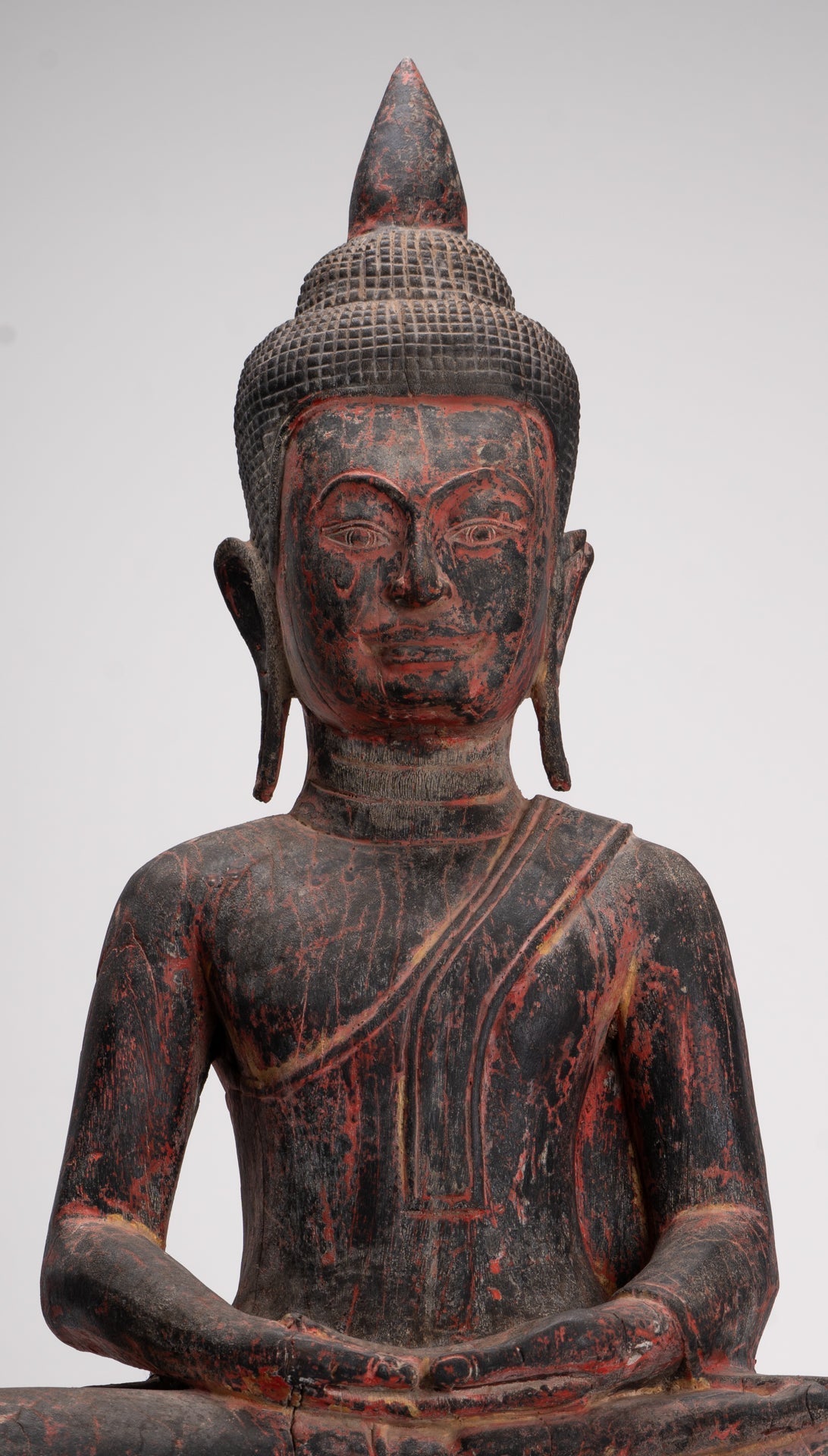 Statua di Buddha - Statua di Buddha da meditazione seduto in legno in stile Khmer antico del sud-est asiatico - 85 cm/34"