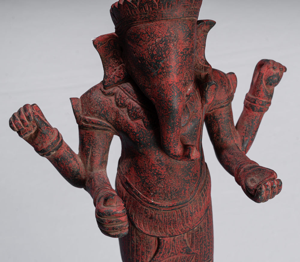 Ganesha Statue - Antique Bayon Style Standing Khmer Red Wood Standing Ganesha Statue - 60cm/24"
