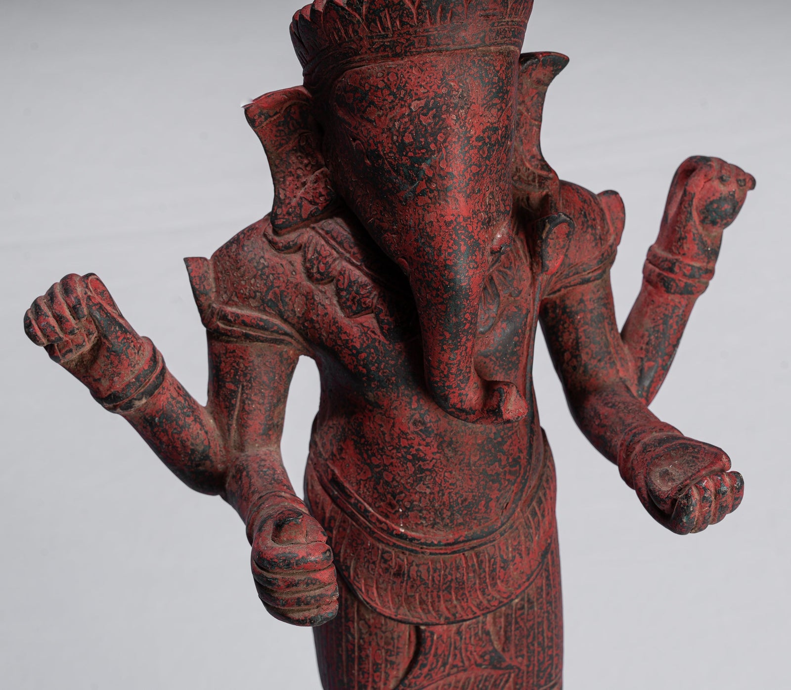 Ganesha Statue - Antique Bayon Style Standing Khmer Red Wood Standing Ganesha Statue - 60cm/24"