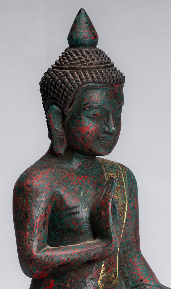 Buddha Sculpture - Buddha - Antique Khmer Style Seated Wood Buddha Statue Teaching Mudra - 28cm/11"