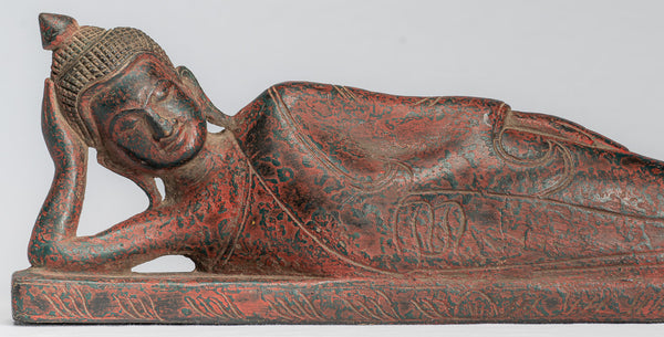 Buddha Statue - Antique Khmer Style SE Asia Wood Reclining Nirvana Buddha Statue - 40cm/16" Long