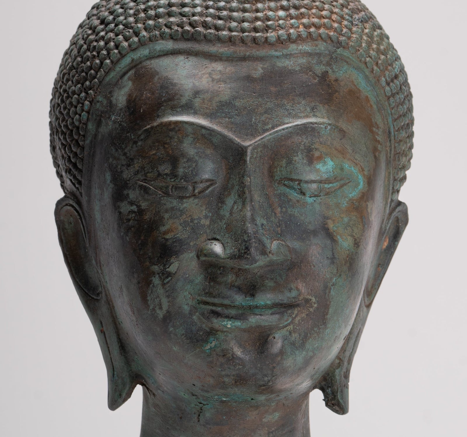 Buddha Head - Antique Thai Style Sukhothai Mounted Bronze Buddha Head - 39cm/16"