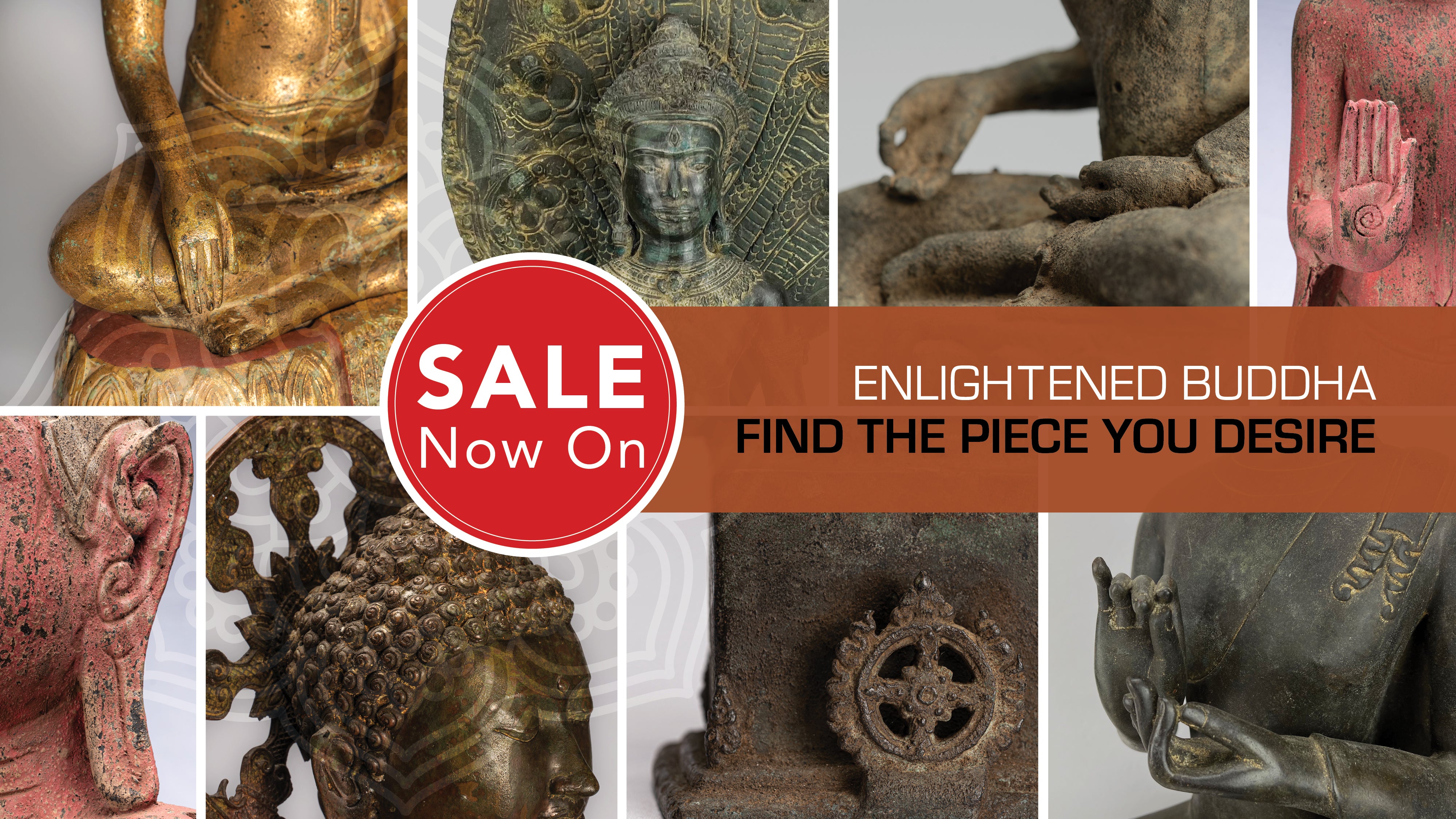 Various Buddha sculptures in different styles and materials, featuring intricate details. On Sale.