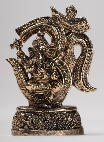 Ganesha Statue - Thailand Brass Seated Ganesh & Om Statue Amulet - 6.5cm(2.55")