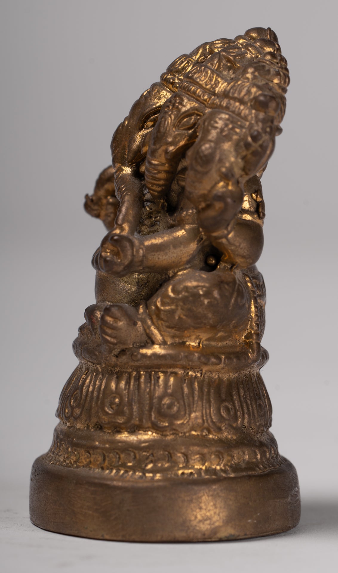 Ganesh - Antique Thai Style Brass Seated Gold Heramba Ganapati Statue  - 8cm/3"