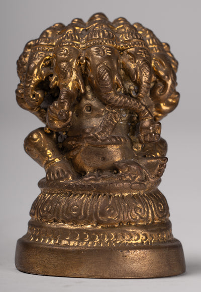 Ganesh - Antique Thai Style Brass Seated Gold Heramba Ganapati Statue  - 8cm/3"