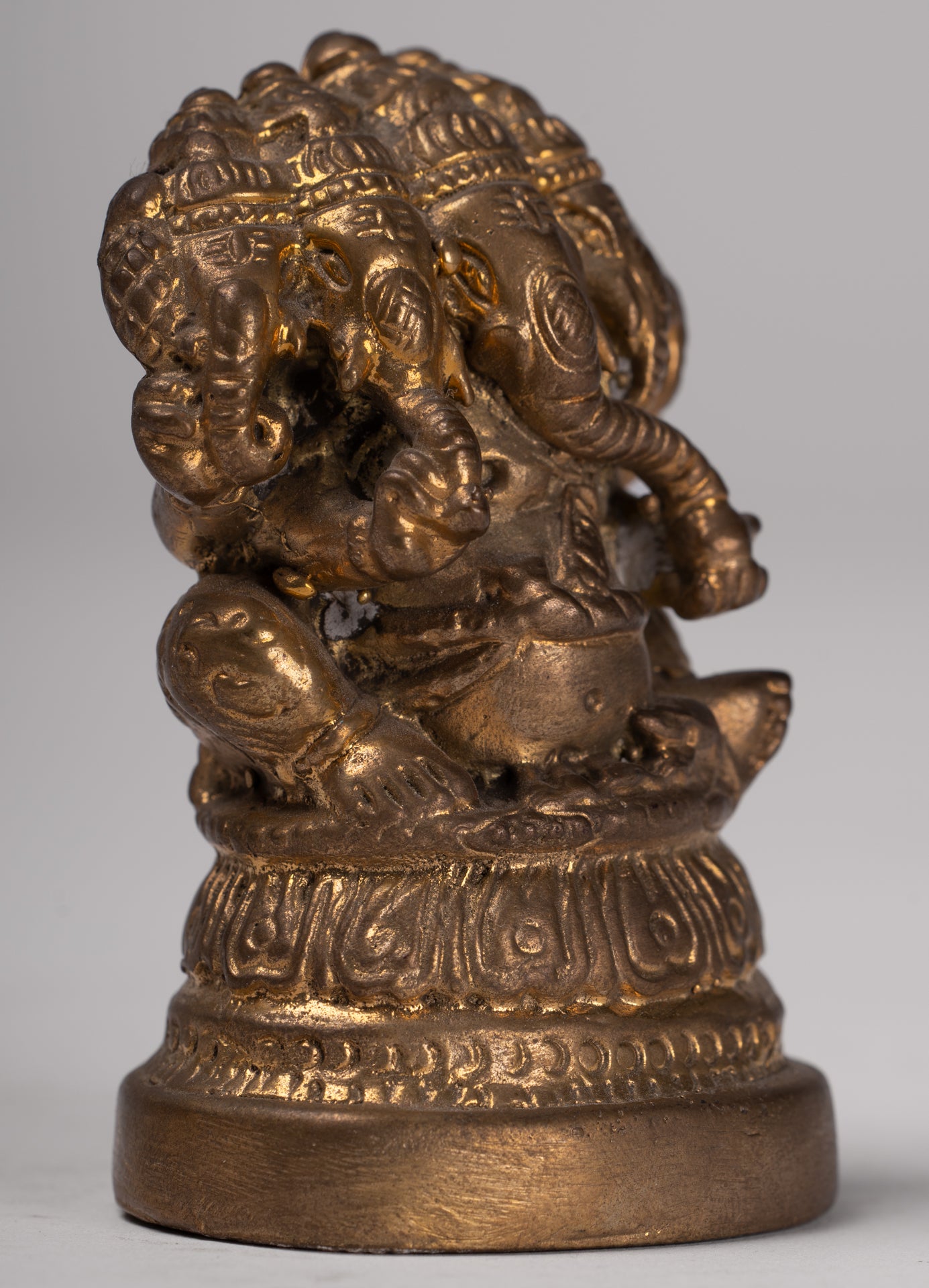 Ganesh - Antique Thai Style Brass Seated Gold Heramba Ganapati Statue  - 8cm/3"