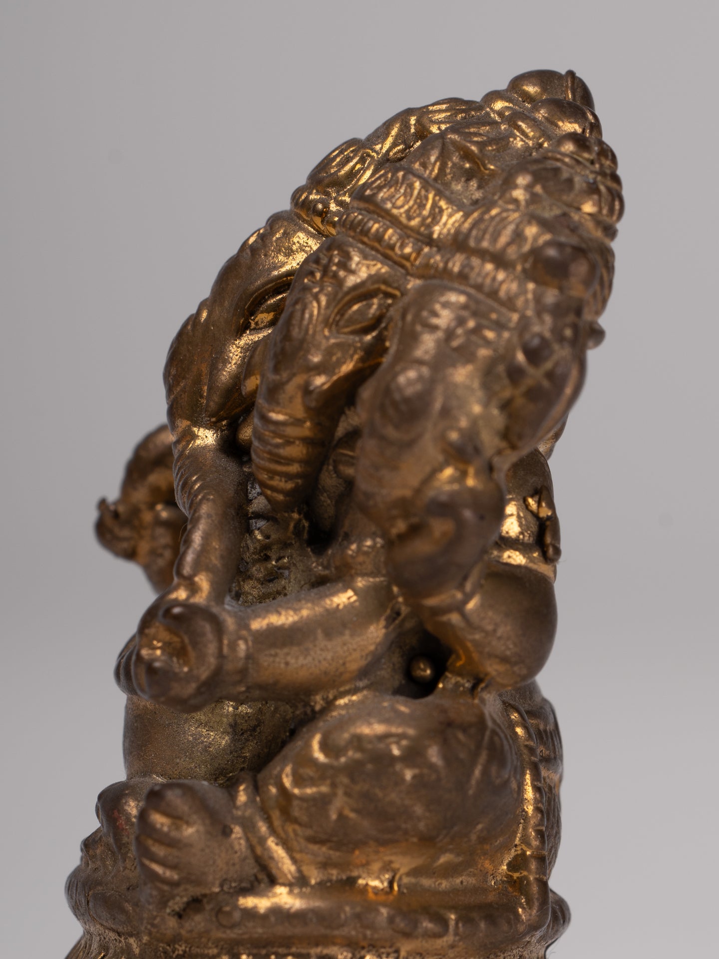 Ganesh - Antique Thai Style Brass Seated Gold Heramba Ganapati Statue  - 8cm/3"