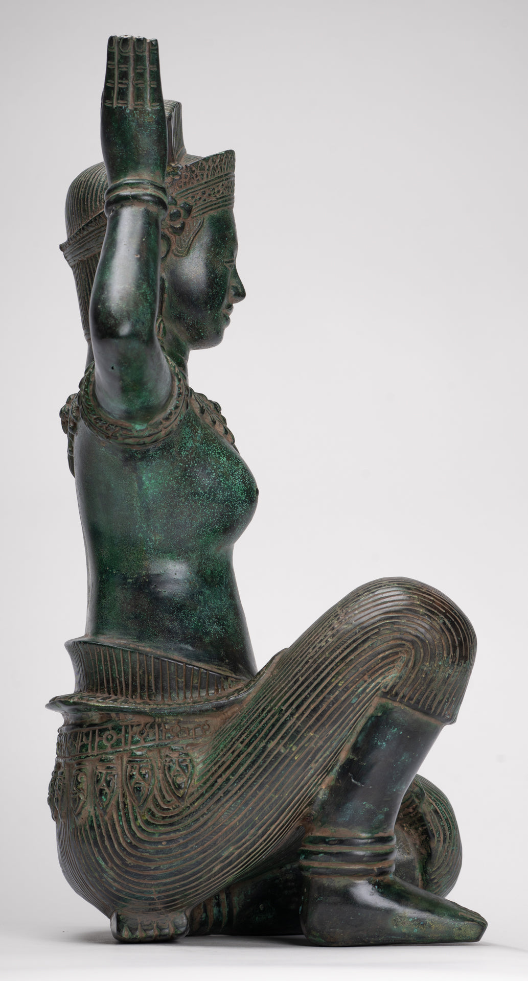 Antique Bayon Style Bronze Kneeling Female Devi Statue - 44cm/18"