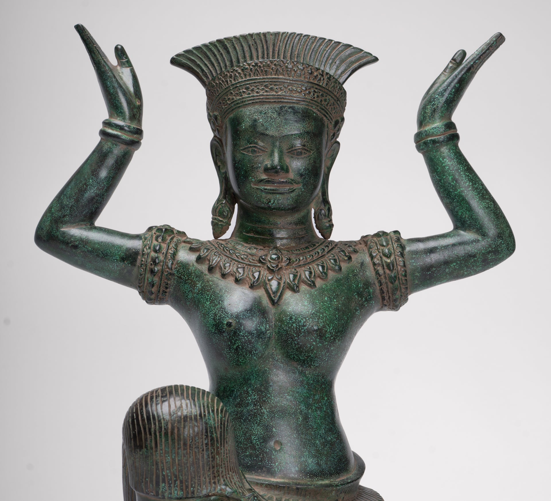 Antique Bayon Style Bronze Kneeling Female Devi Statue - 44cm/18"