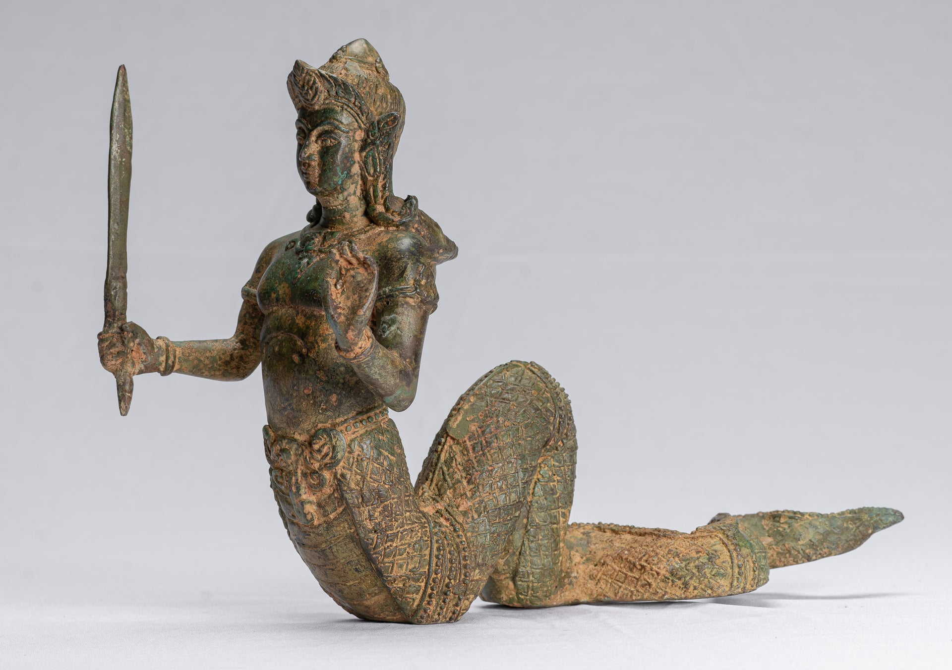 Antique Thai Style Bronze Female Deity with Naga Tail Statue - 22cm/9"