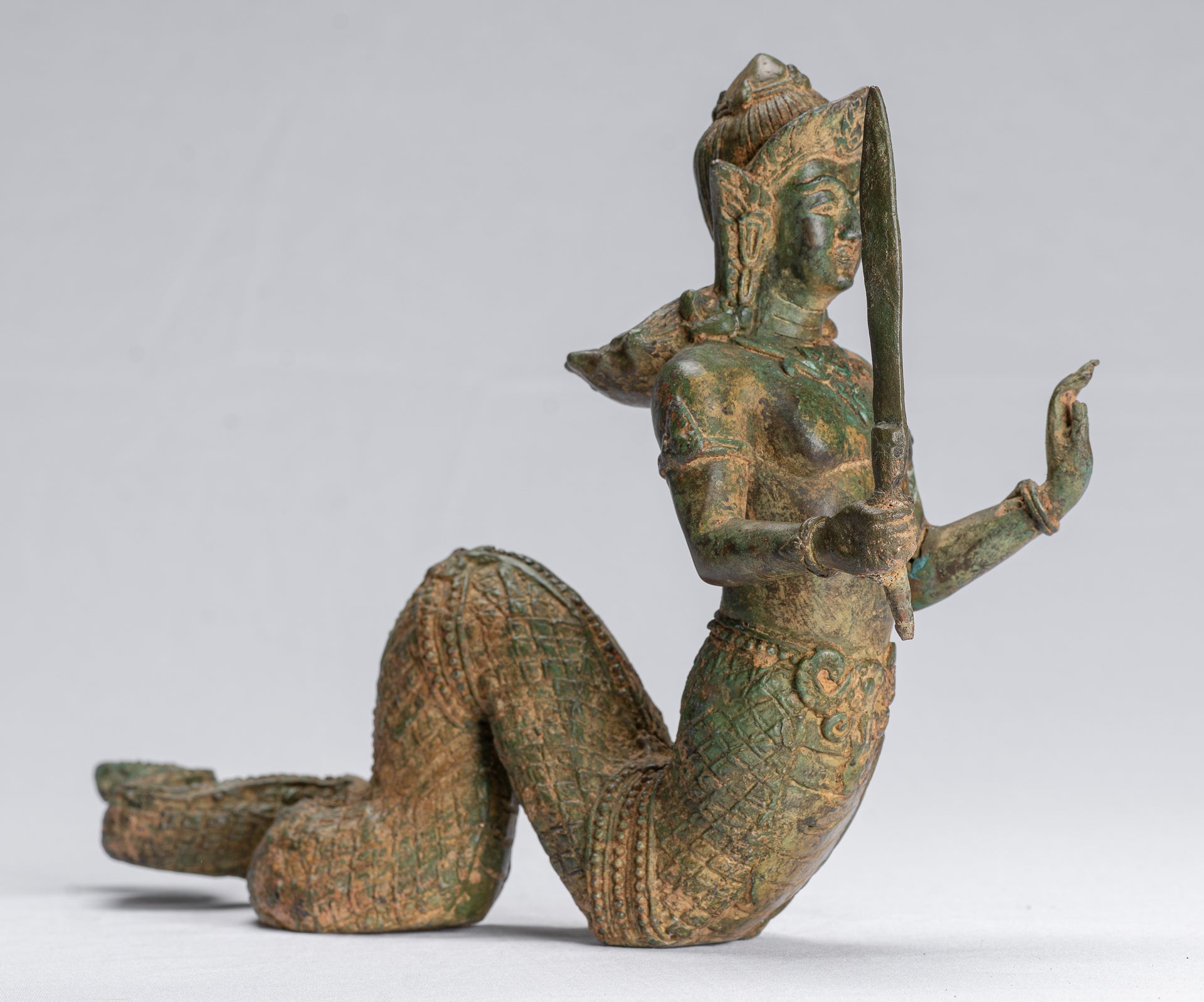 Antique Thai Style Bronze Female Deity with Naga Tail Statue - 22cm/9"