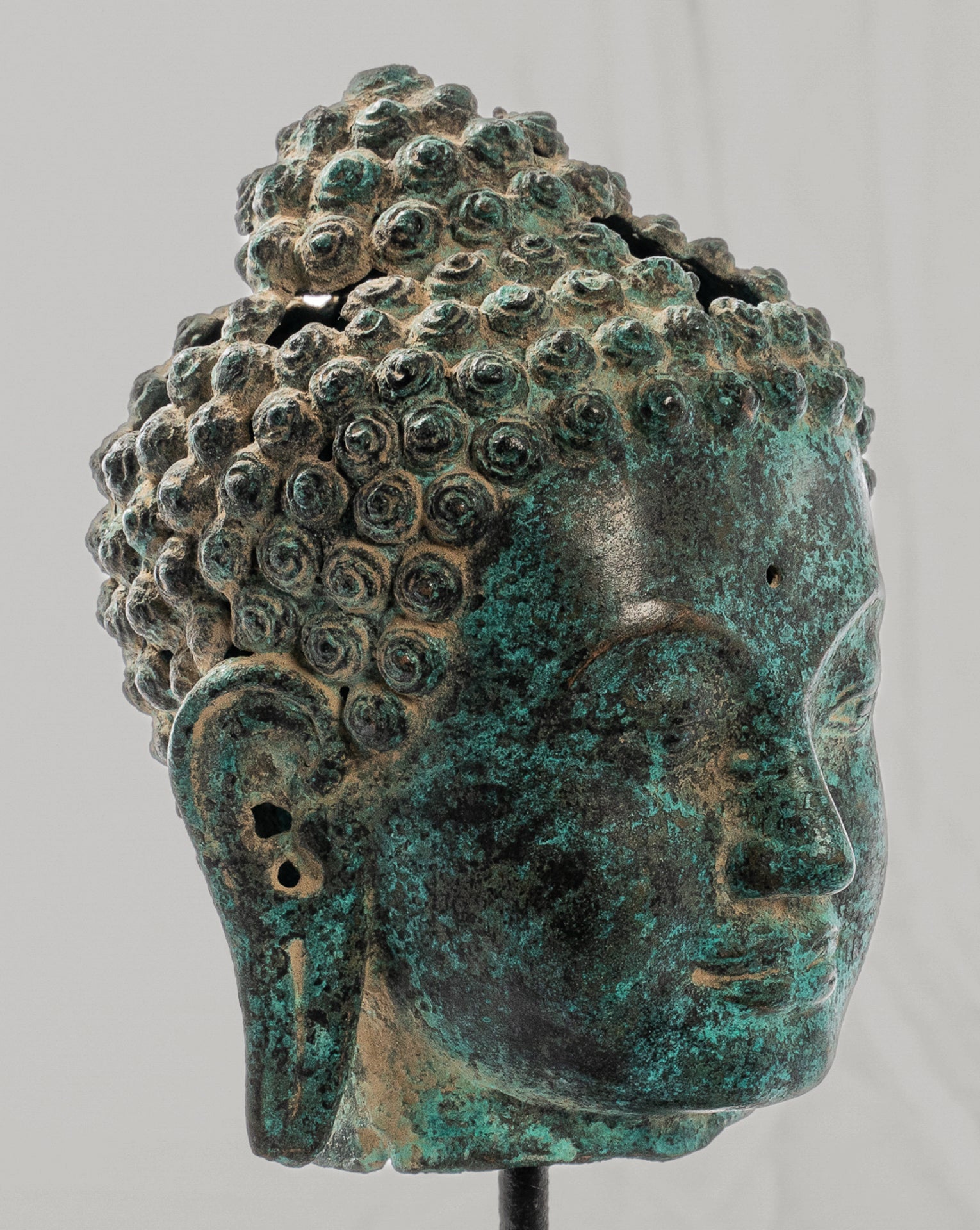 Buddha Statue - Antique Thai Style Mounted Dvaravati Bronze Buddha Head Statue - 20cm/8"