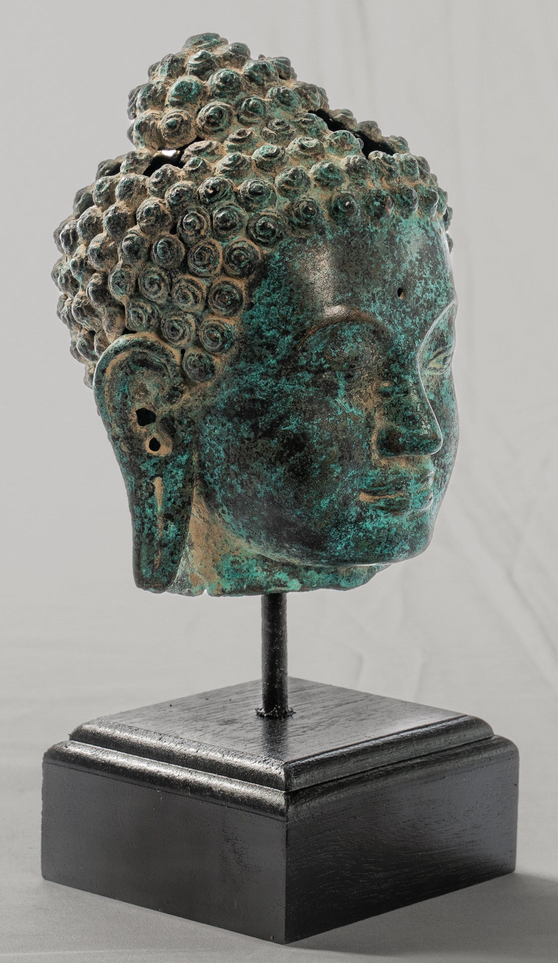 Buddha Statue - Antique Thai Style Mounted Dvaravati Bronze Buddha Head Statue - 20cm/8"