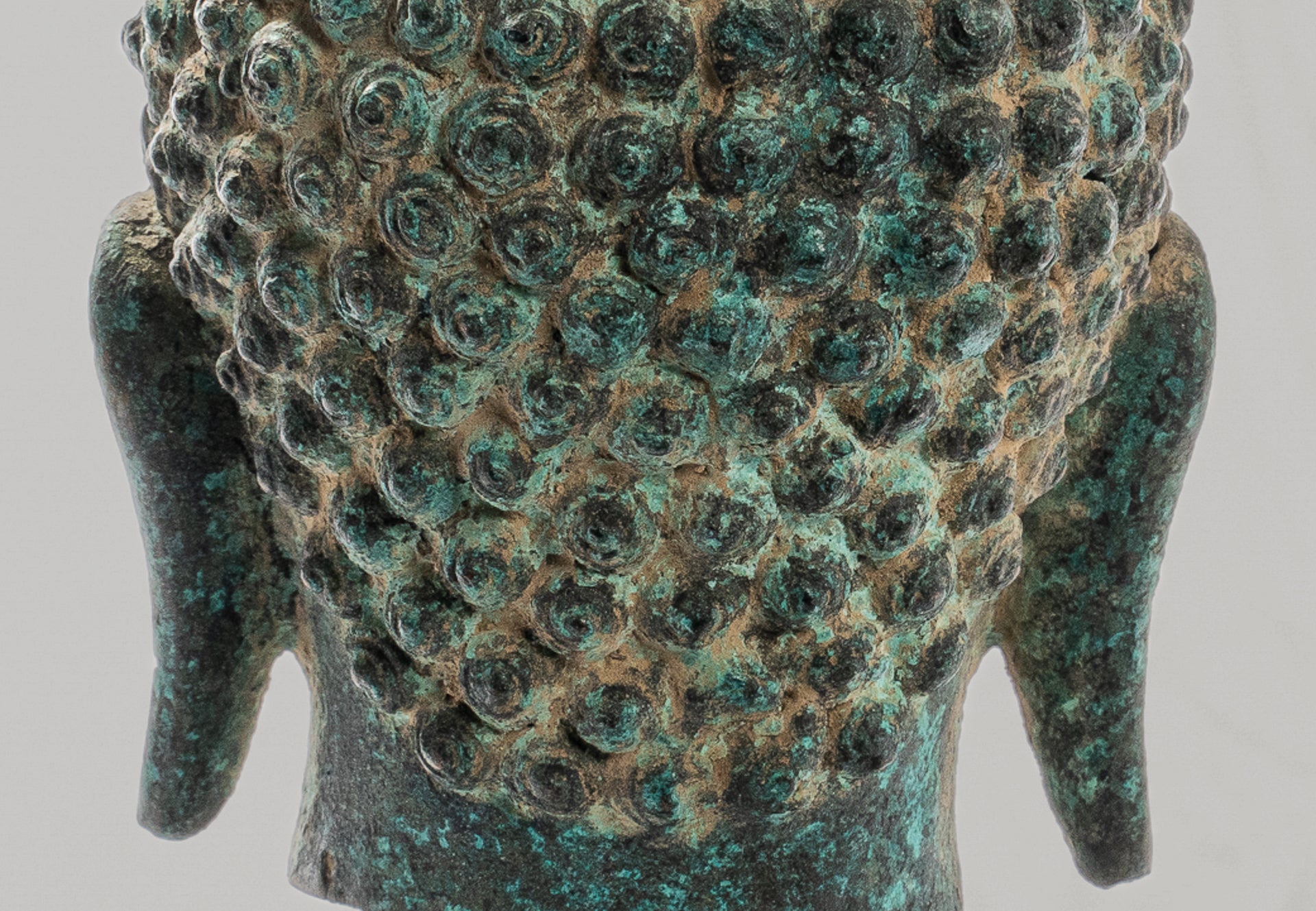 Buddha Statue - Antique Thai Style Mounted Dvaravati Bronze Buddha Head Statue - 20cm/8"