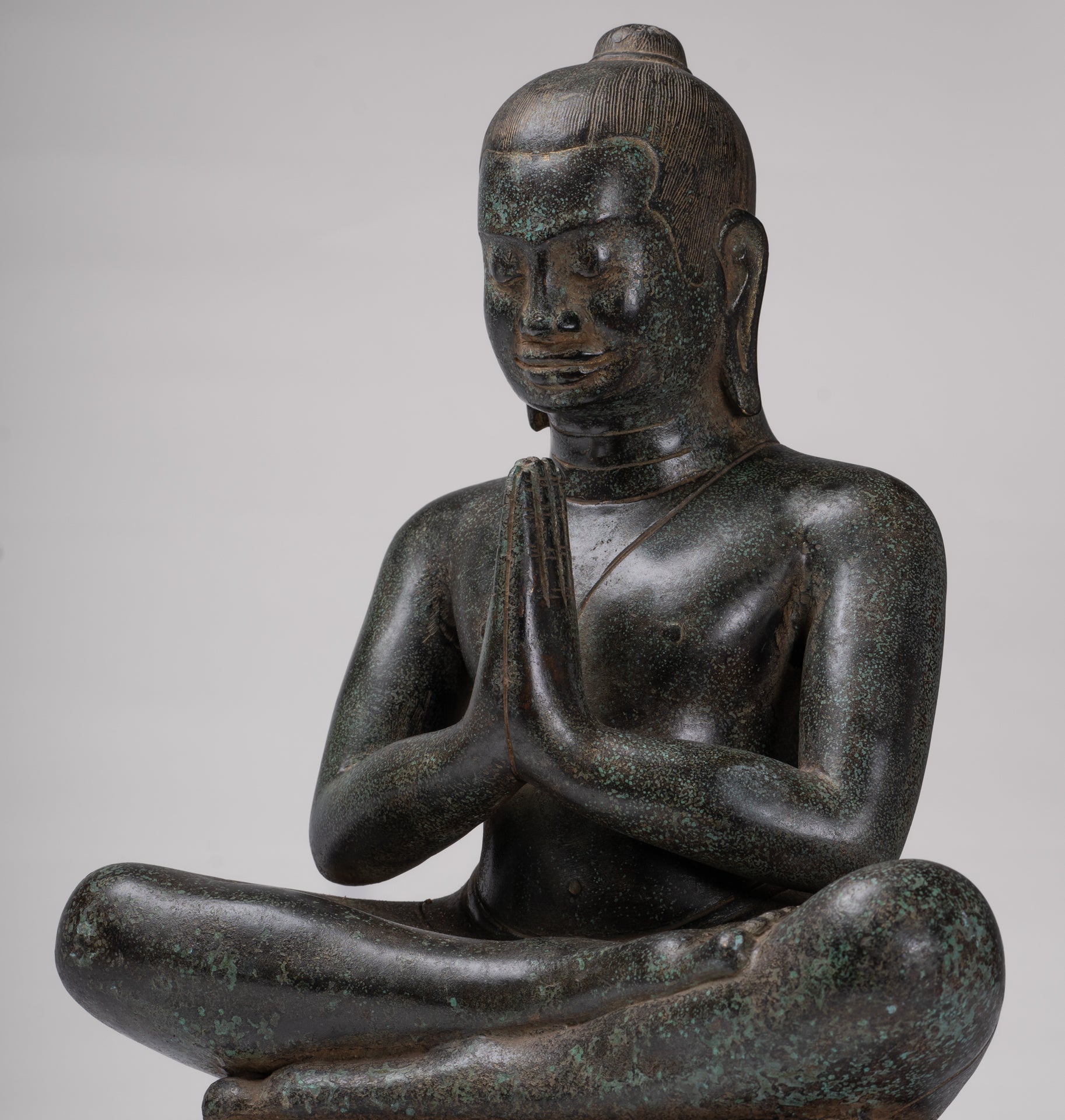 Antique Khmer Style Bronze Meditation Seated Jayavarman VII Statue - 38cm/15"