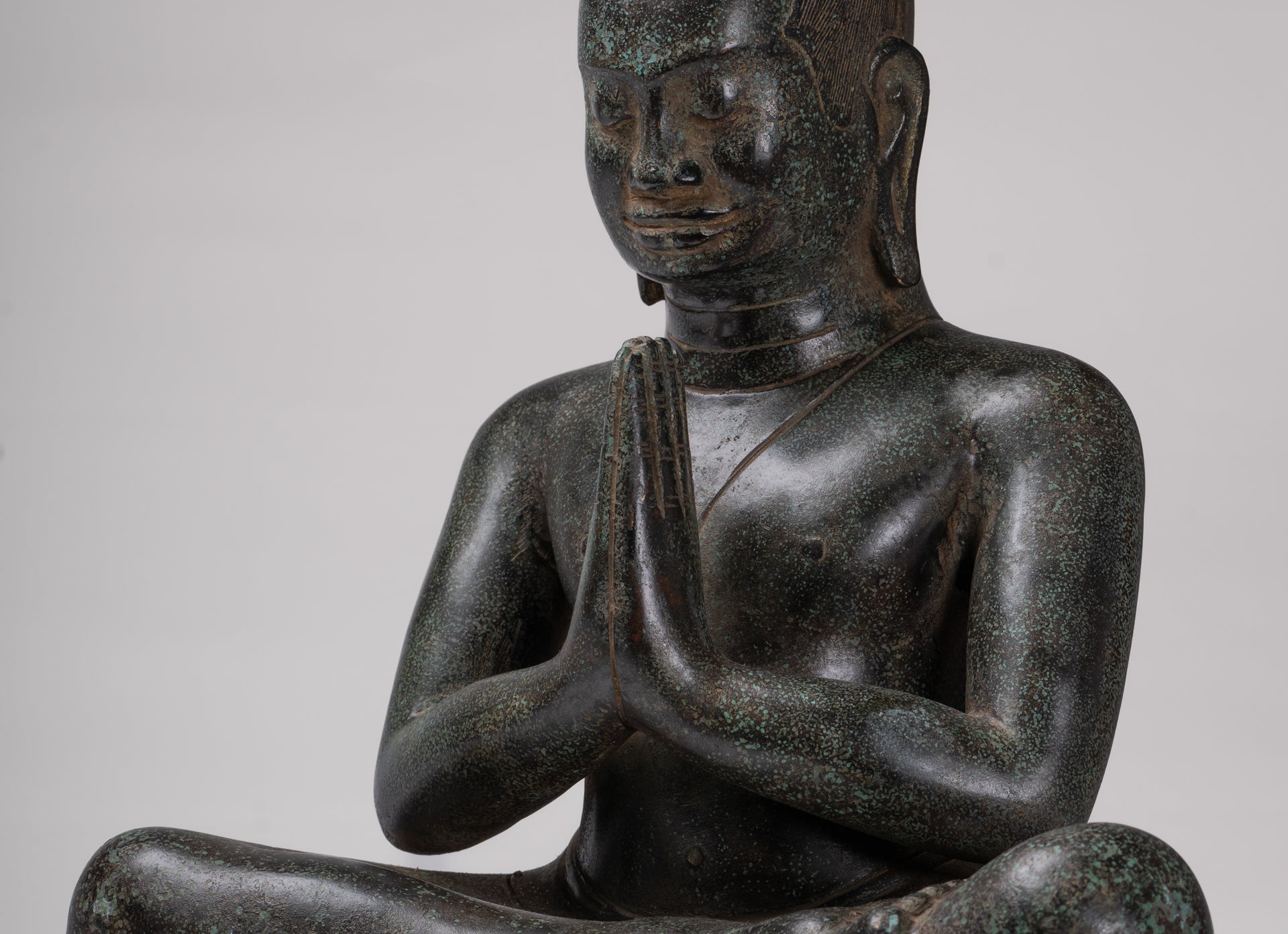 Antique Khmer Style Bronze Meditation Seated Jayavarman VII Statue - 38cm/15"
