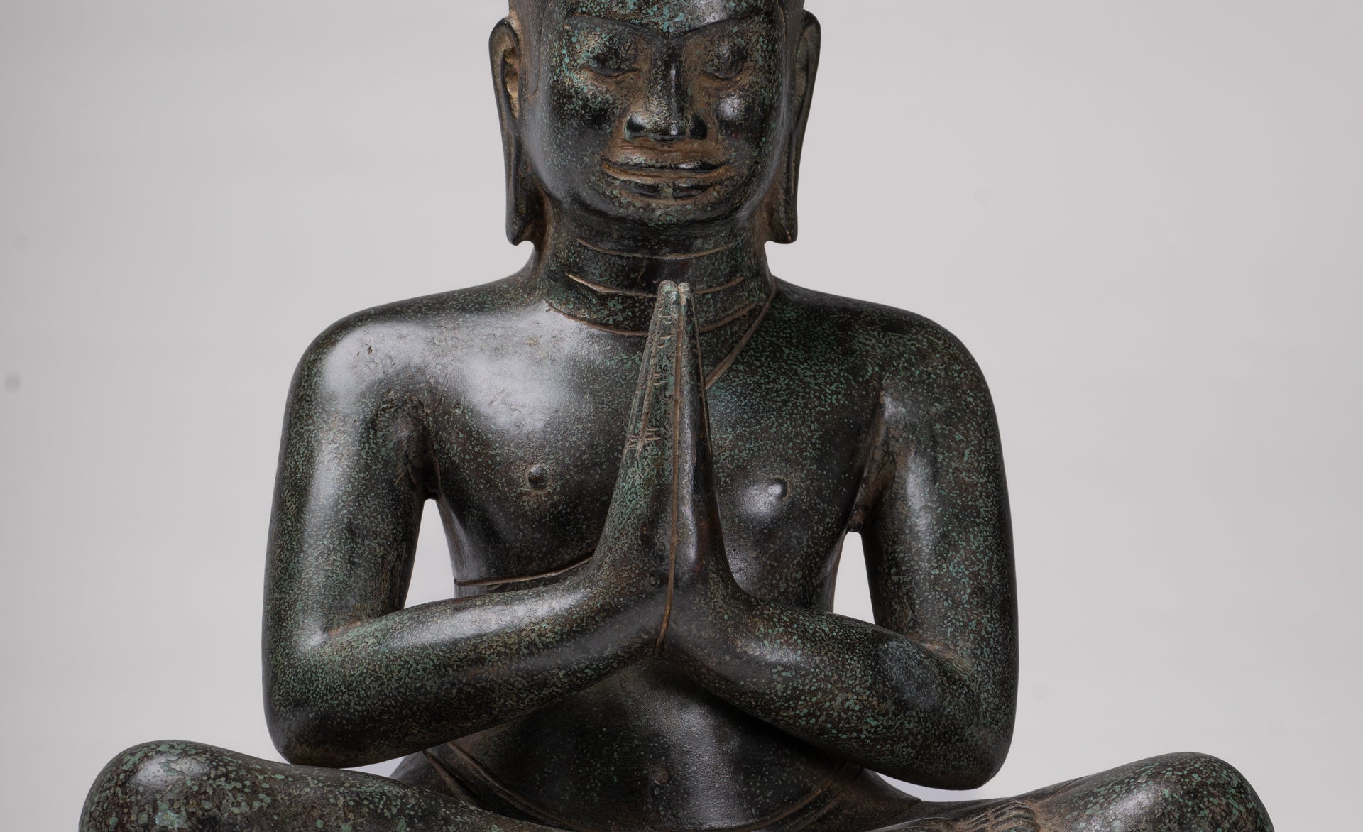 Antique Khmer Style Bronze Meditation Seated Jayavarman VII Statue - 38cm/15"