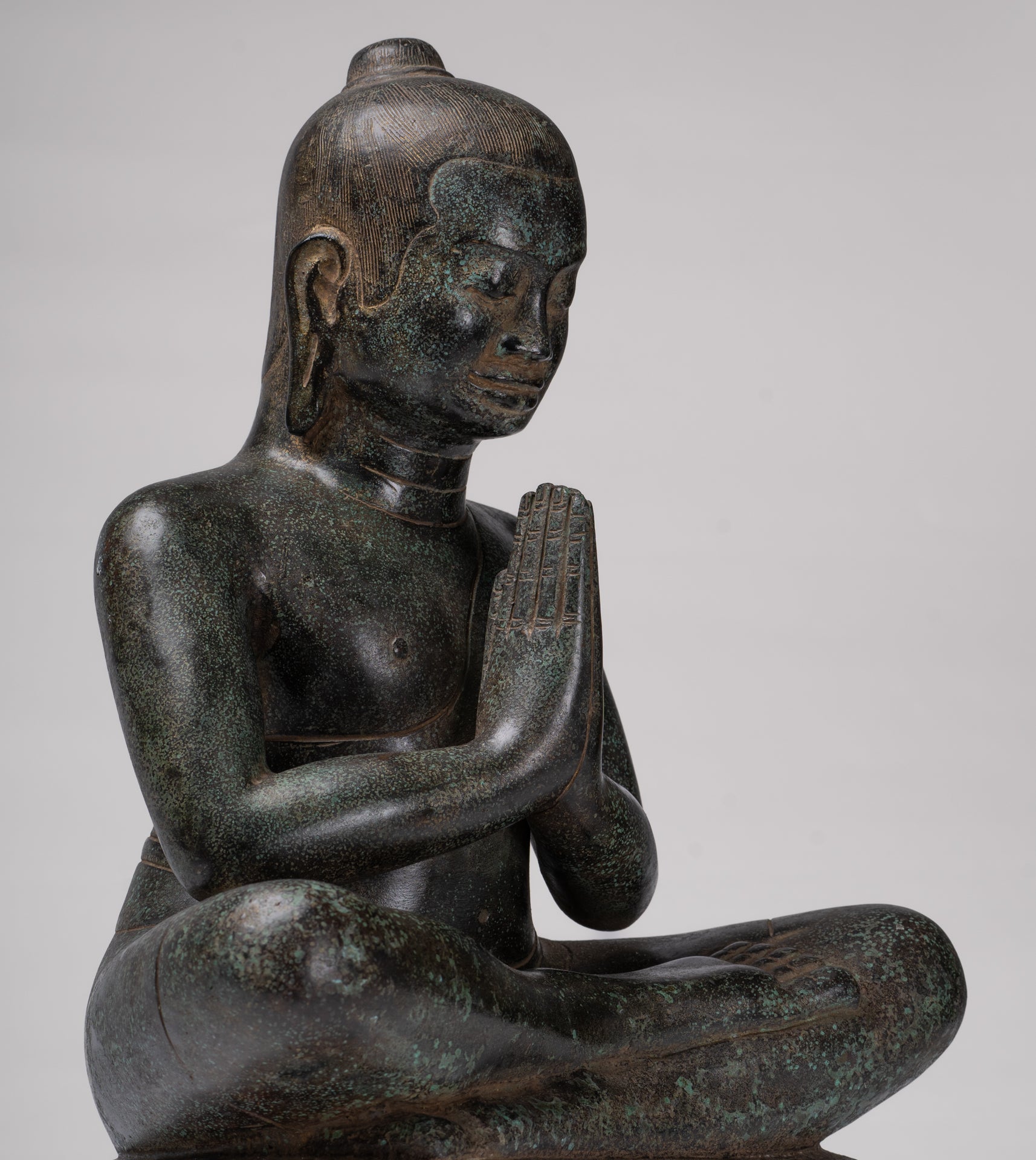 Antique Khmer Style Bronze Meditation Seated Jayavarman VII Statue - 38cm/15"