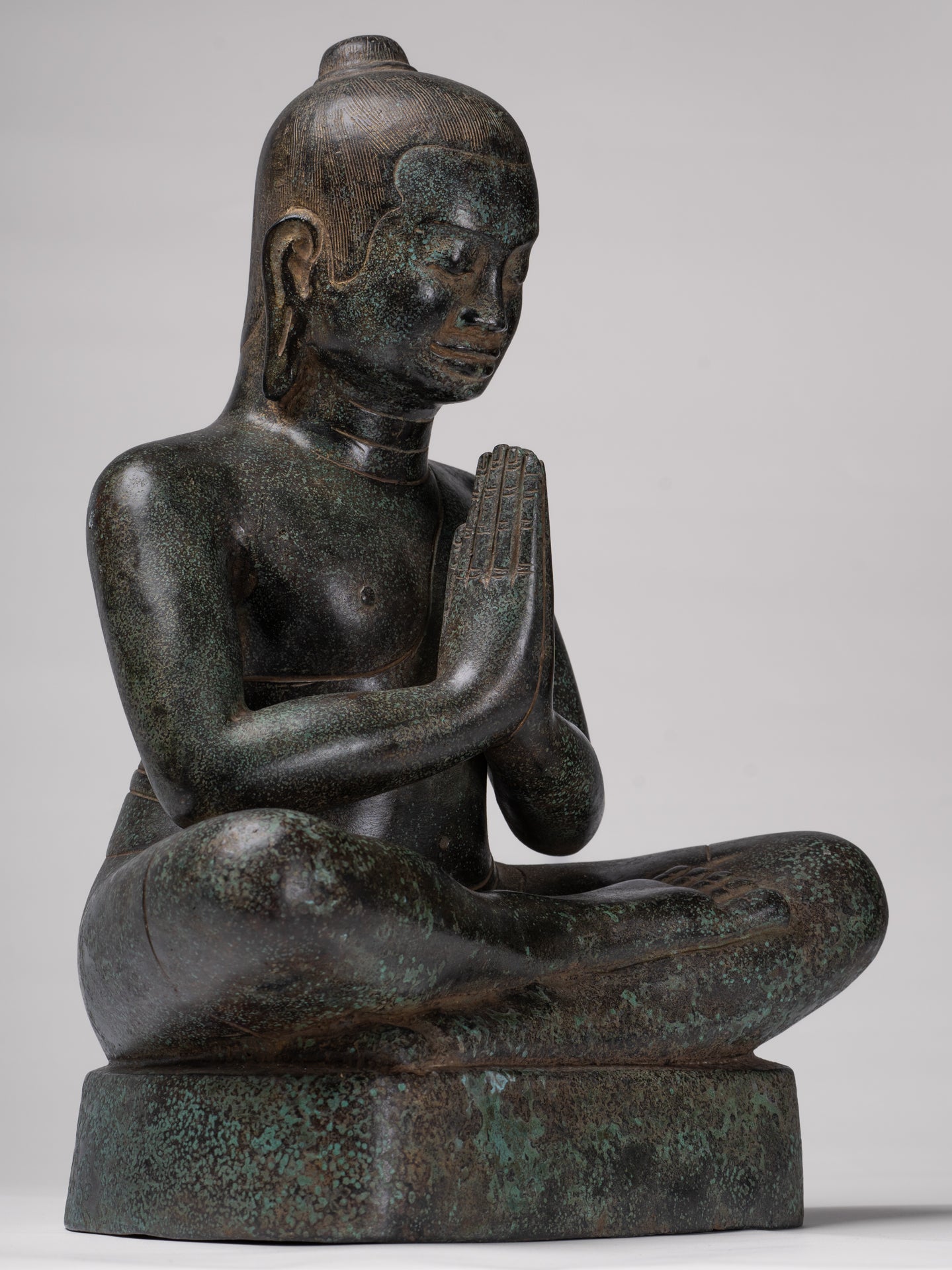 Antique Khmer Style Bronze Meditation Seated Jayavarman VII Statue - 38cm/15"