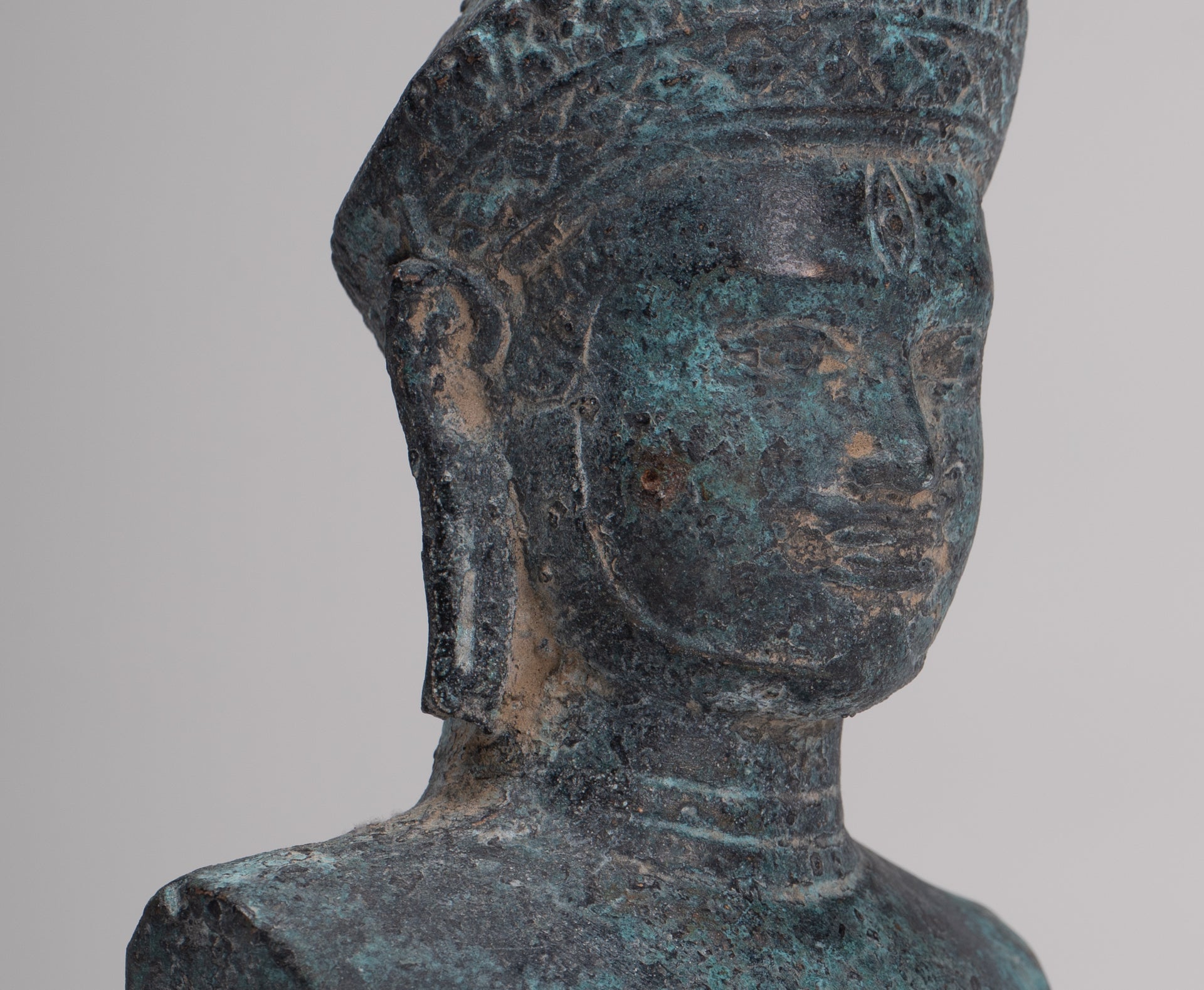 Antique Khmer Style Bronze Mounted Bakheng Shiva Head Statue - 24cm/10"