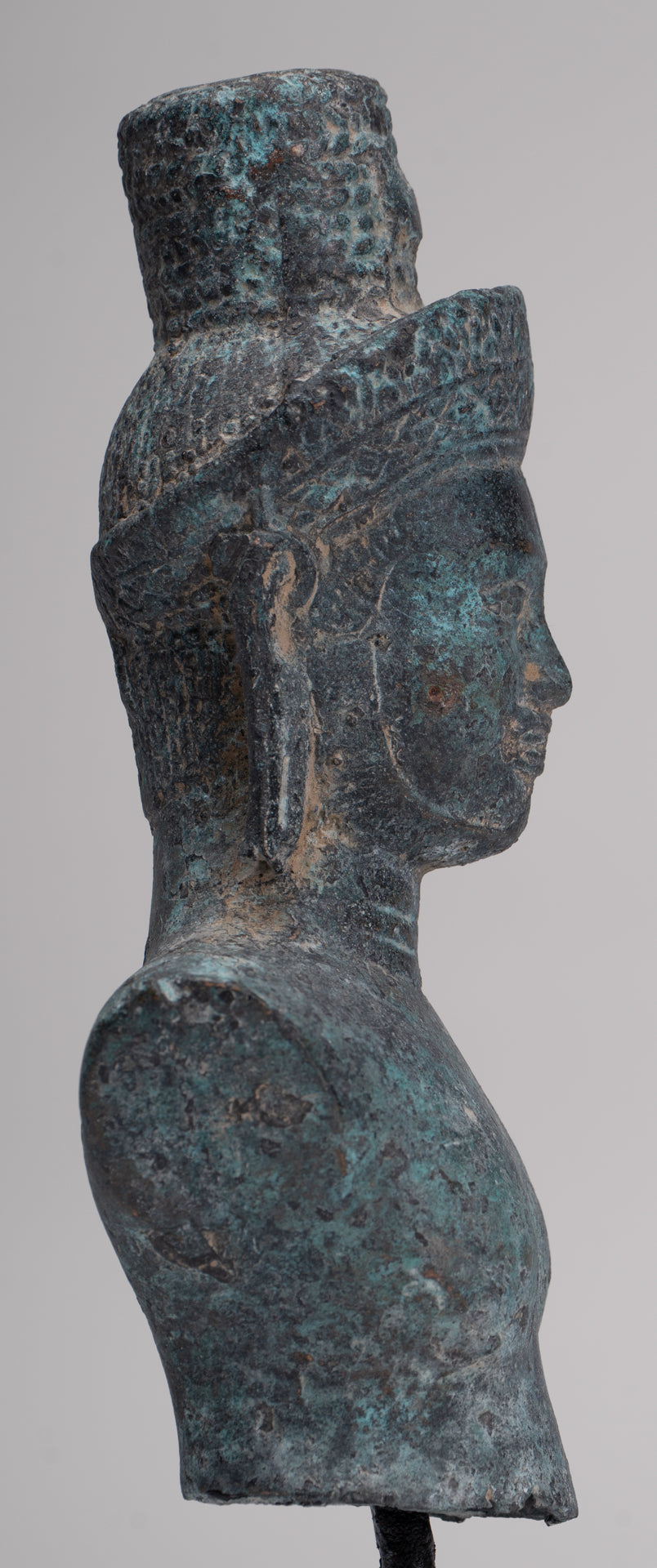 Antique Khmer Style Bronze Mounted Bakheng Shiva Head Statue - 24cm/10"