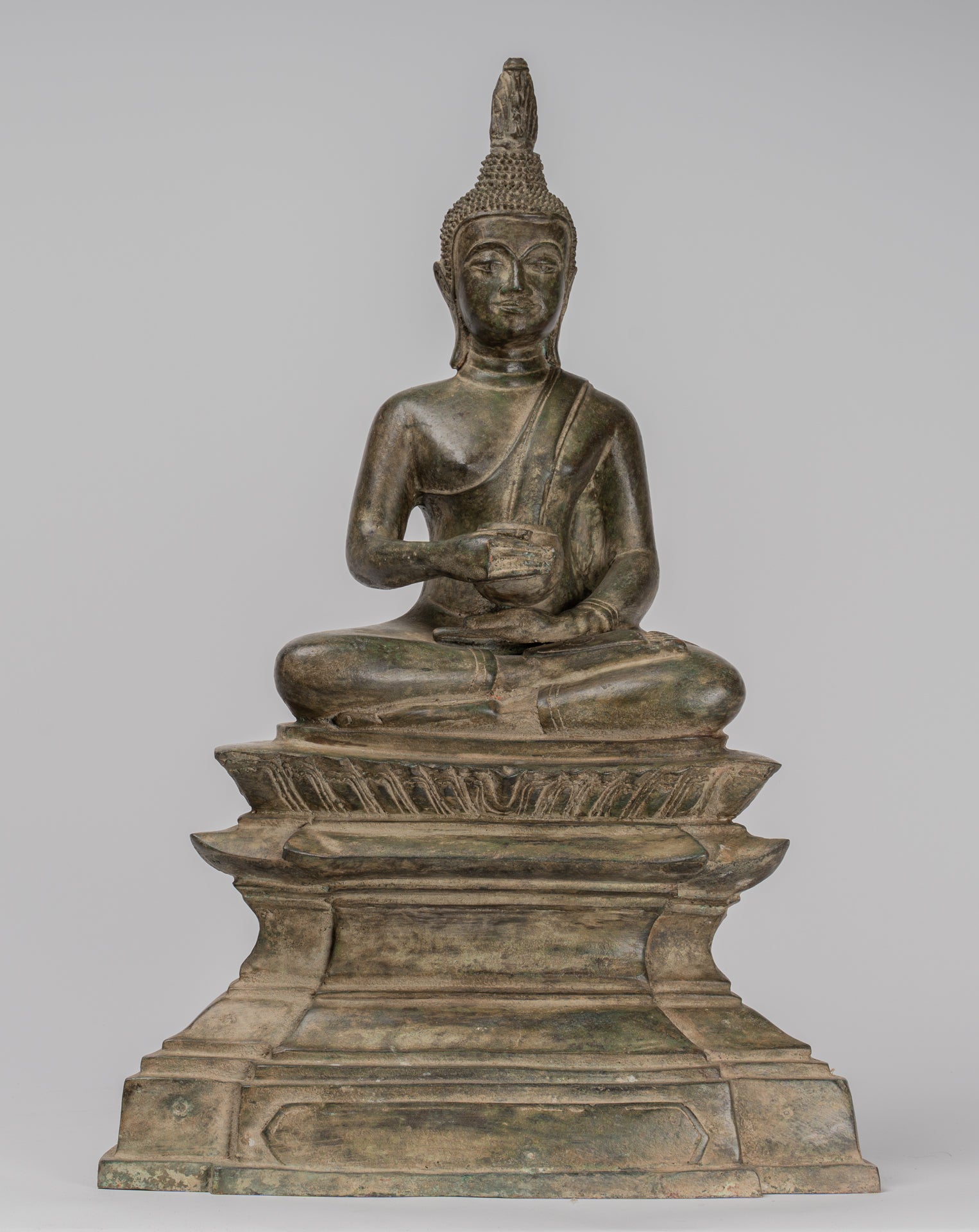 Buddha Statue - Seated Antique Laos Style Bronze Charity Gautama Buddha Statue - 54cm/22"