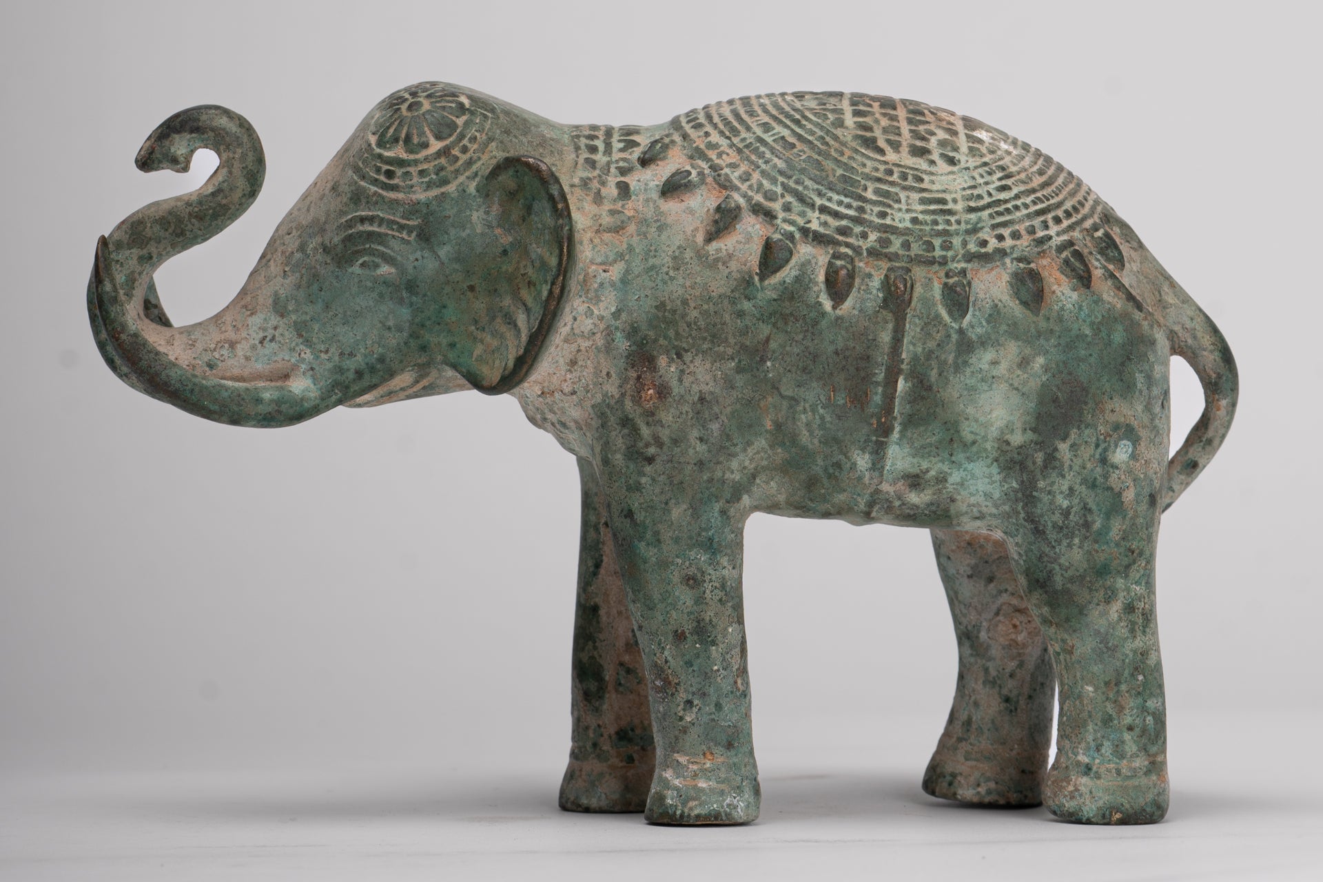 Antique Khmer Style Bronze Trumpeting Elephant Statue - 12cm/5" Tall