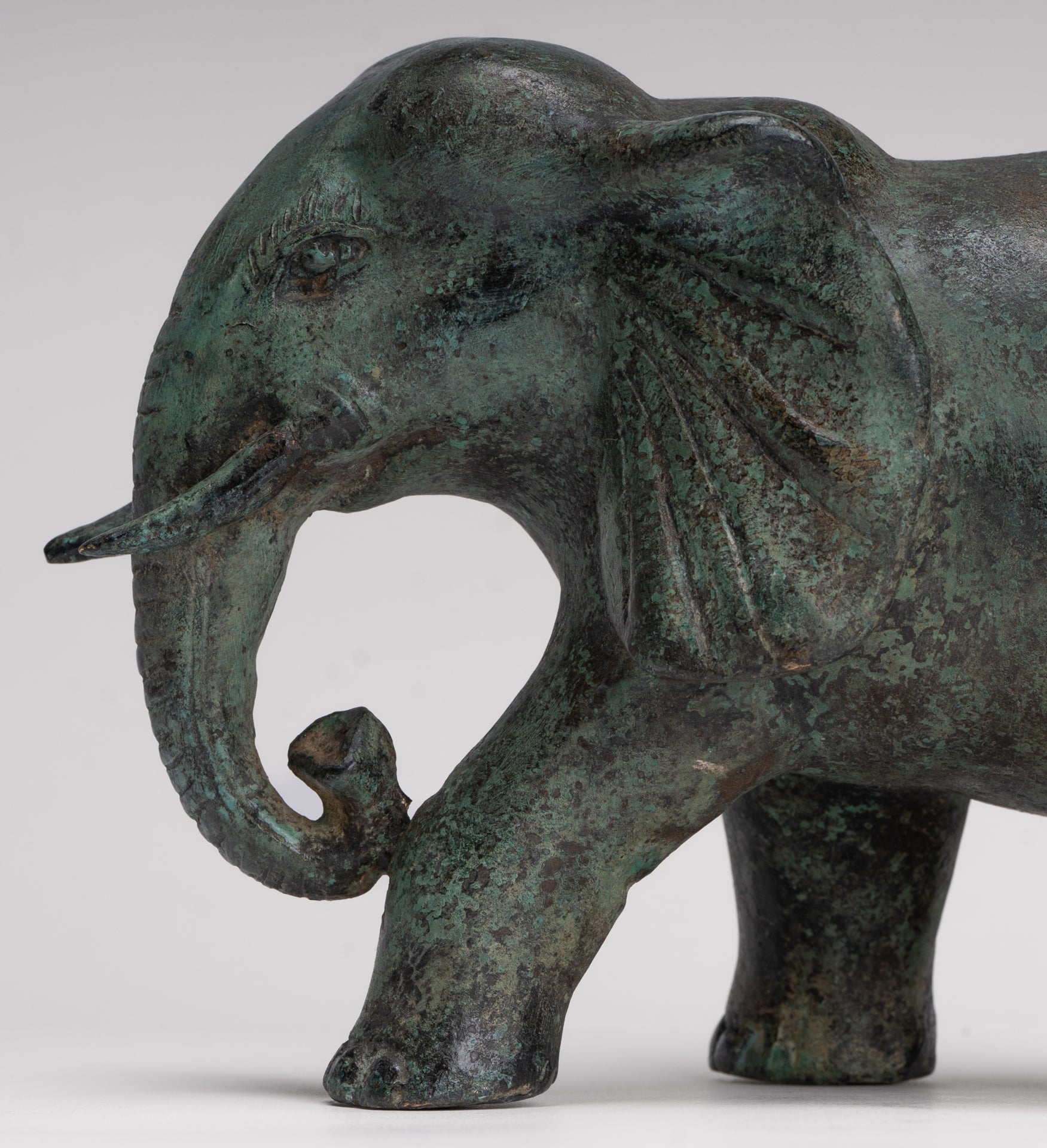 Antique Khmer Style Standing Bronze Elephant Statue - 14cm/6" Tall