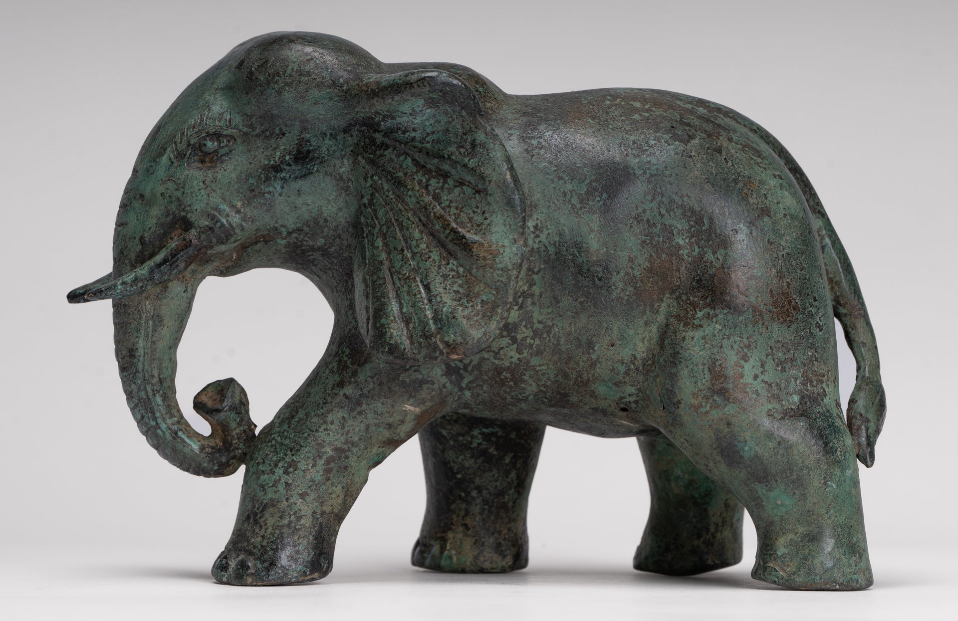 Antique Khmer Style Standing Bronze Elephant Statue - 14cm/6" Tall